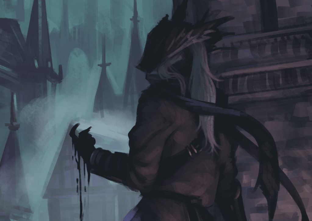 Concept art of a misty Victorian city, a figure with a cane and a bloodied hand, and a silhouette in the back