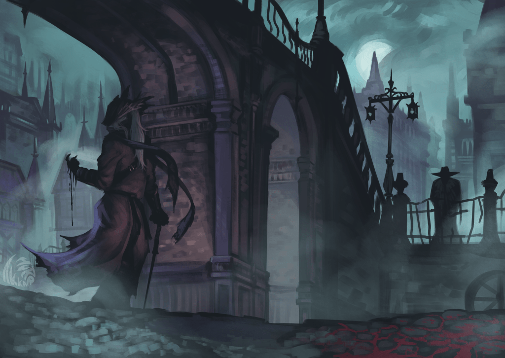 Concept art of a misty Victorian city, a figure with a cane and a bloodied hand, and a silhouette in the back